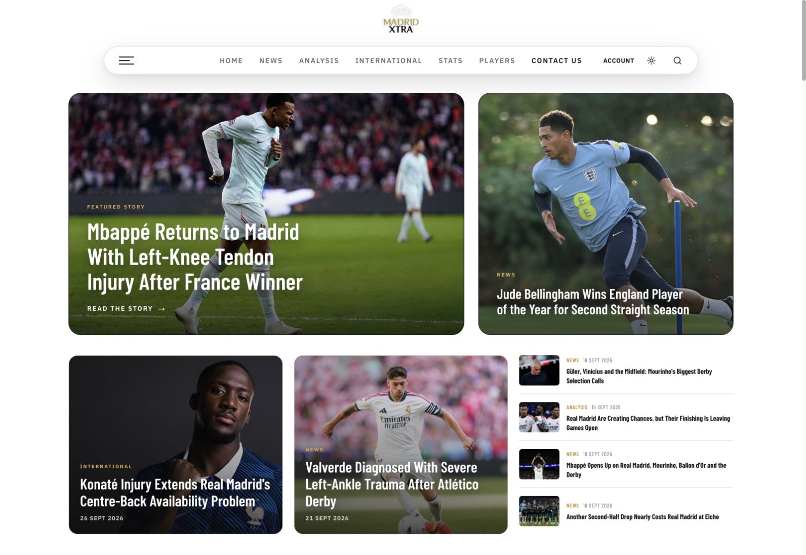 Madrid Xtra homepage featuring Real Madrid news, player photography, and the latest headlines